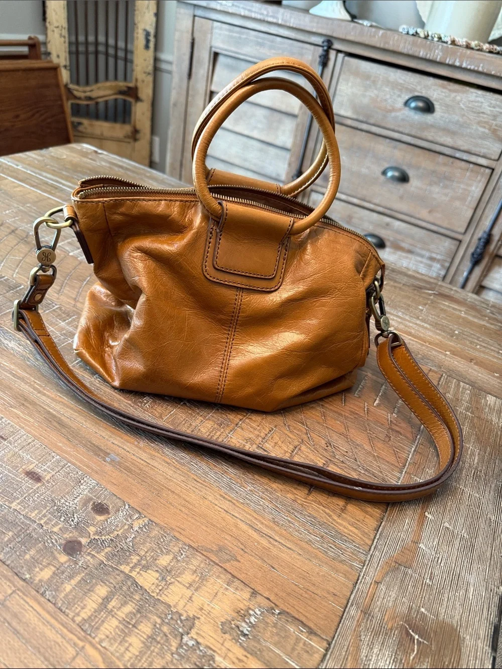Hobo Brand Leather Satchel Bag in Cognac Brown - Convertible Crossbody Tote